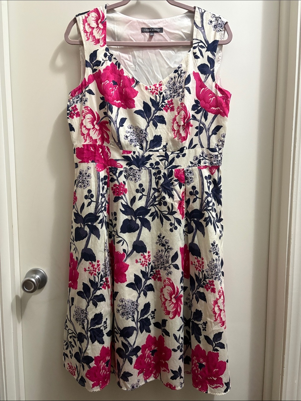 Laura Ashley Ivory Sleeveless Dress with Pink & Navy Floral Print
